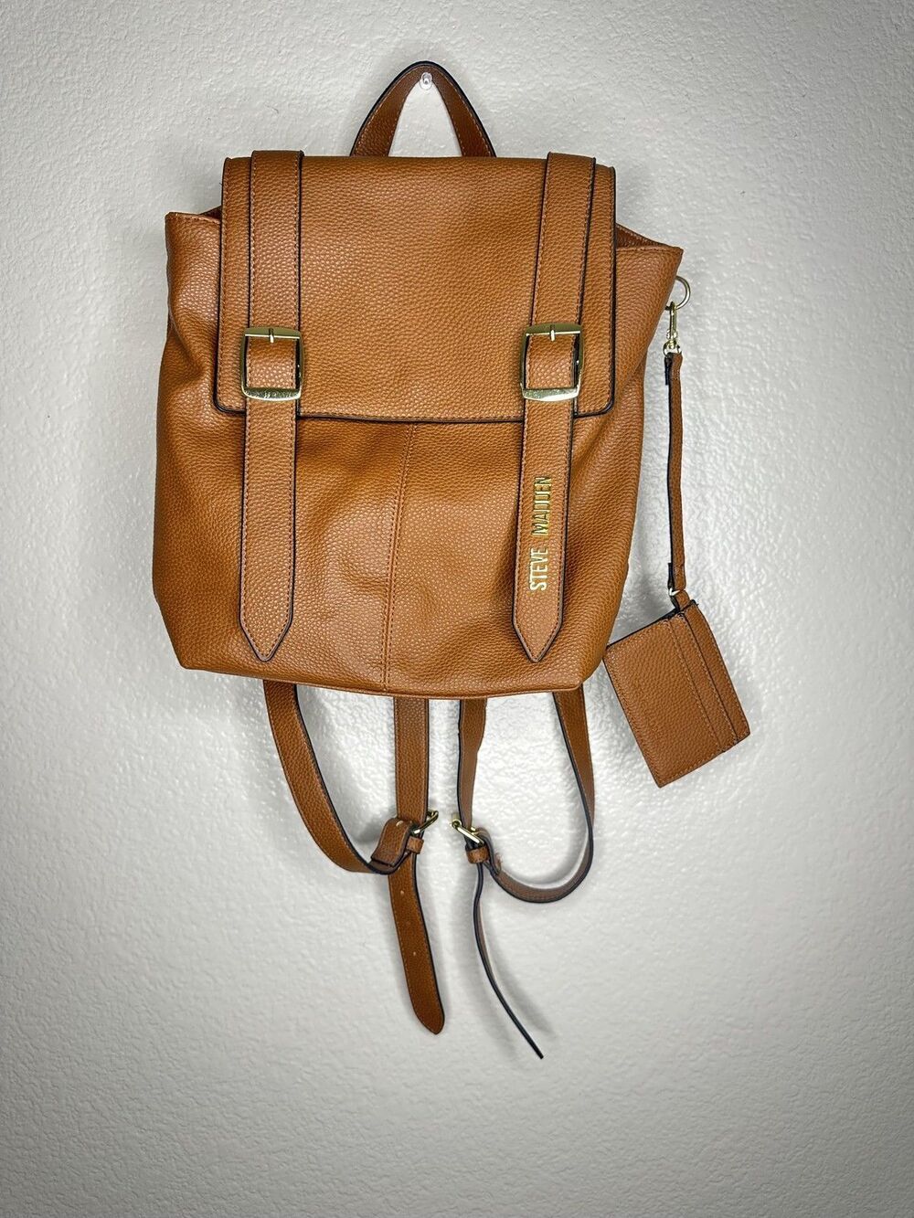 Steve Madden Backpack Bag Womens Small Brown Faux Leather Buckle Straps Pouch